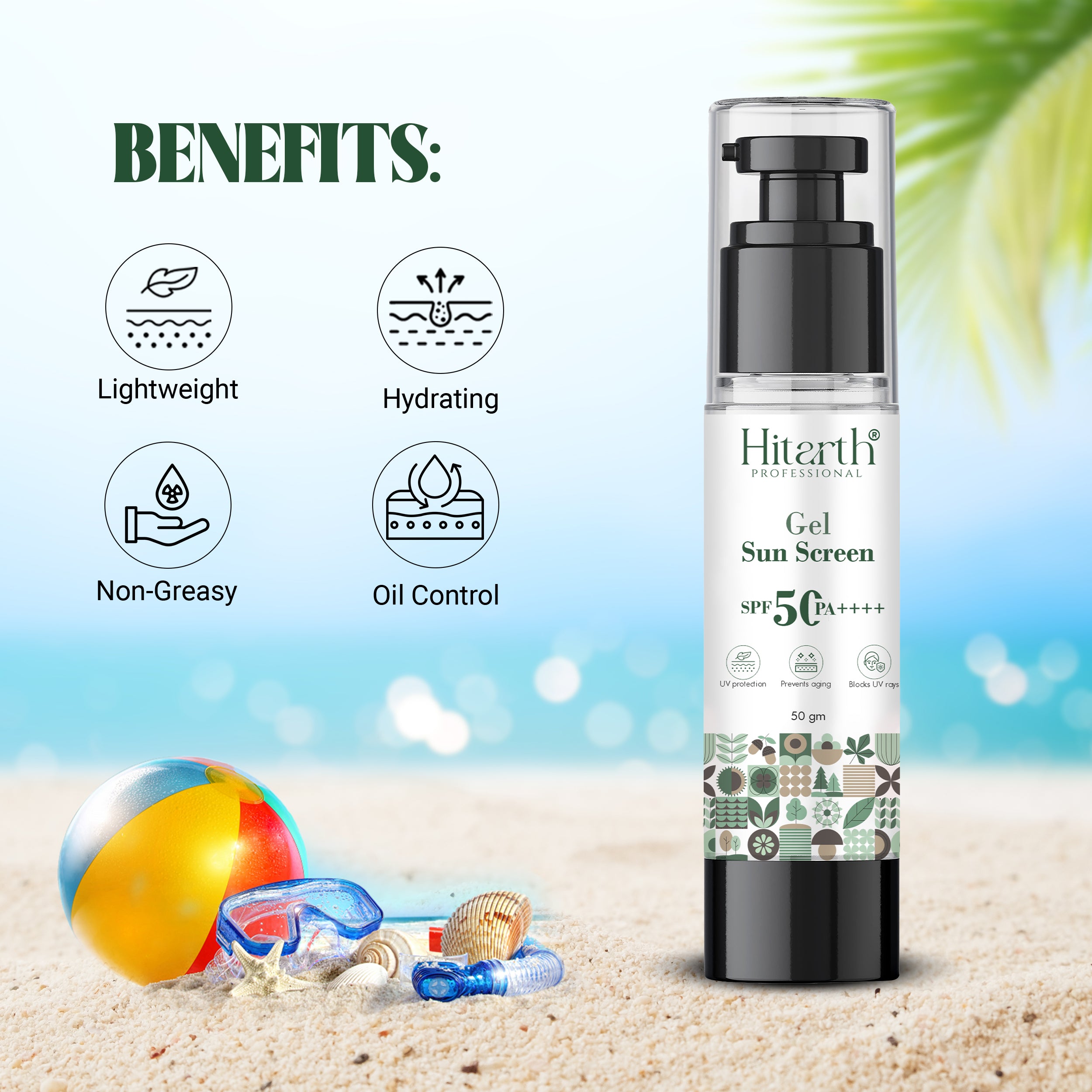 Hitarth Professional Face Gel  Sun Screen SPF 50+ and PA++++ | Gel Based Sun Screen For Oily Skin, Combination Skin, Normal Skin | Broad Spectrum Sun Screen, No White cast, Light weight, Non Greasy | For Women & Men |  50GM