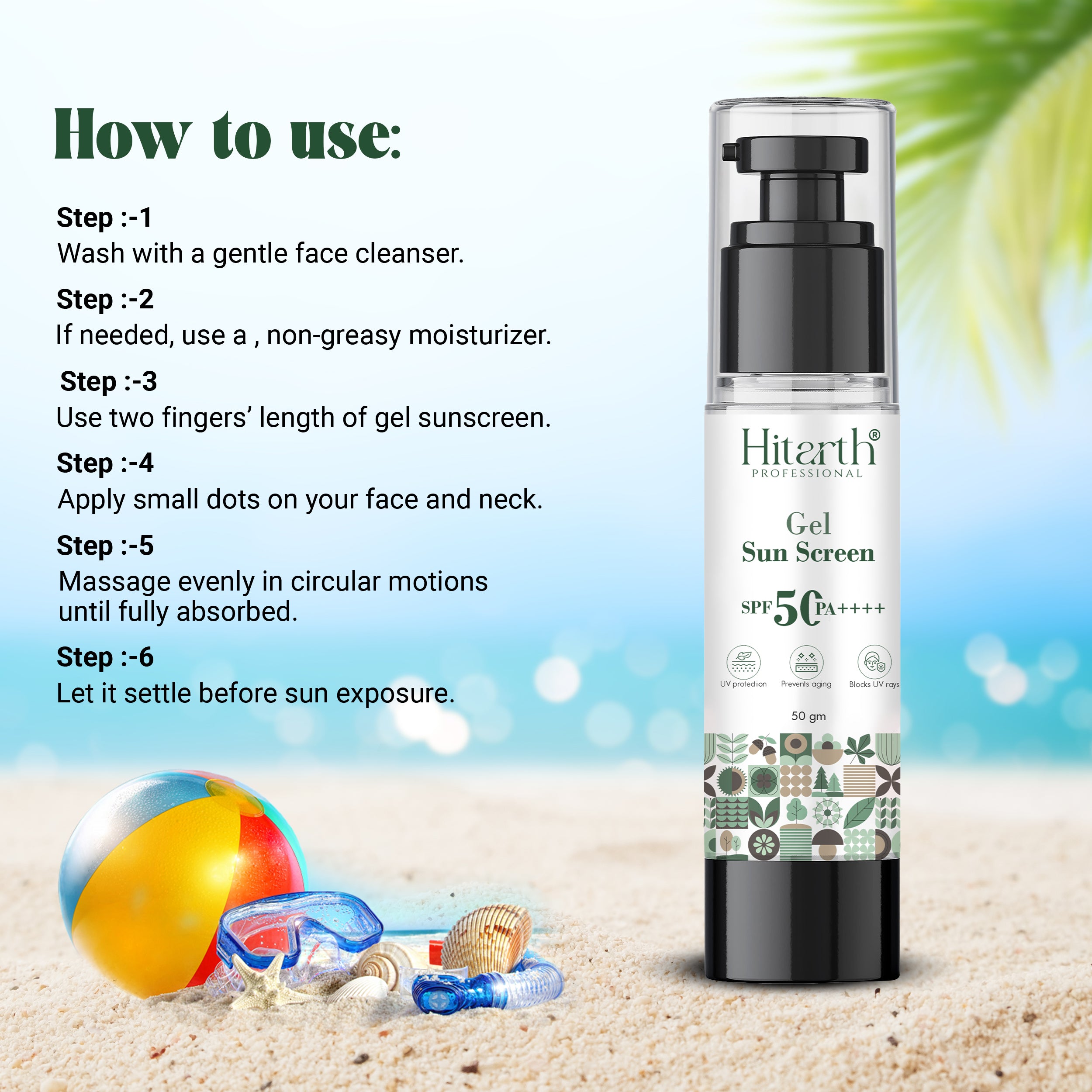 Hitarth Professional Face Gel  Sun Screen SPF 50+ and PA++++ | Gel Based Sun Screen For Oily Skin, Combination Skin, Normal Skin | Broad Spectrum Sun Screen, No White cast, Light weight, Non Greasy | For Women & Men |  50GM