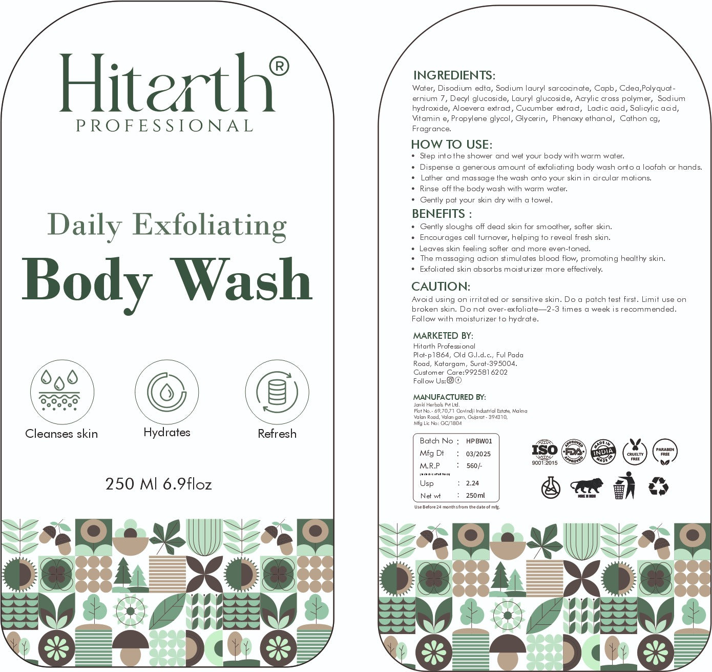 Hitarth Professional Exfoliating  Body Wash | Contains (Salicylic Acid, Vitamin E & Lactic Acid) | Gentle Exfoliating Shower Gel | Removes Tan | Prevents Dry, Rough, Bumpy Skin | For women & Men | 250ML