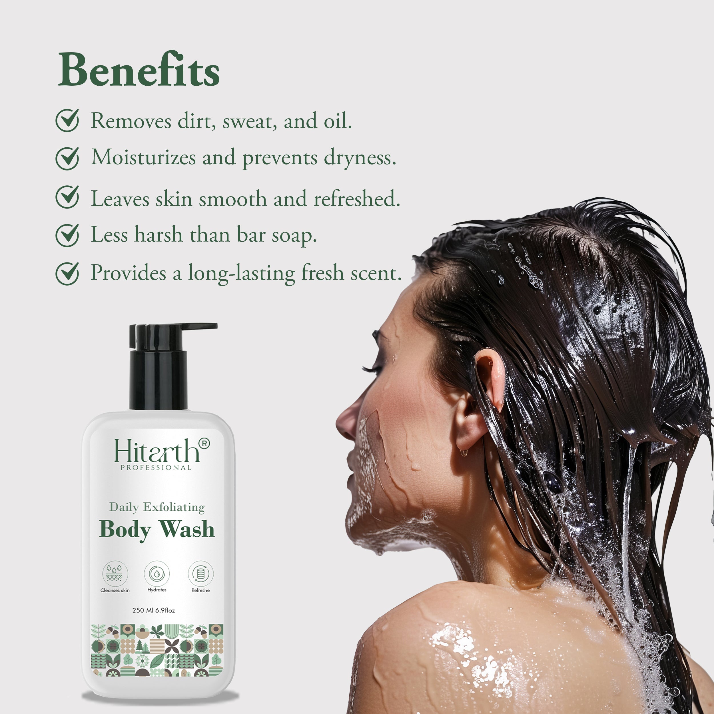 Hitarth Professional Exfoliating  Body Wash | Contains (Salicylic Acid, Vitamin E & Lactic Acid) | Gentle Exfoliating Shower Gel | Removes Tan | Prevents Dry, Rough, Bumpy Skin | For women & Men | 250ML