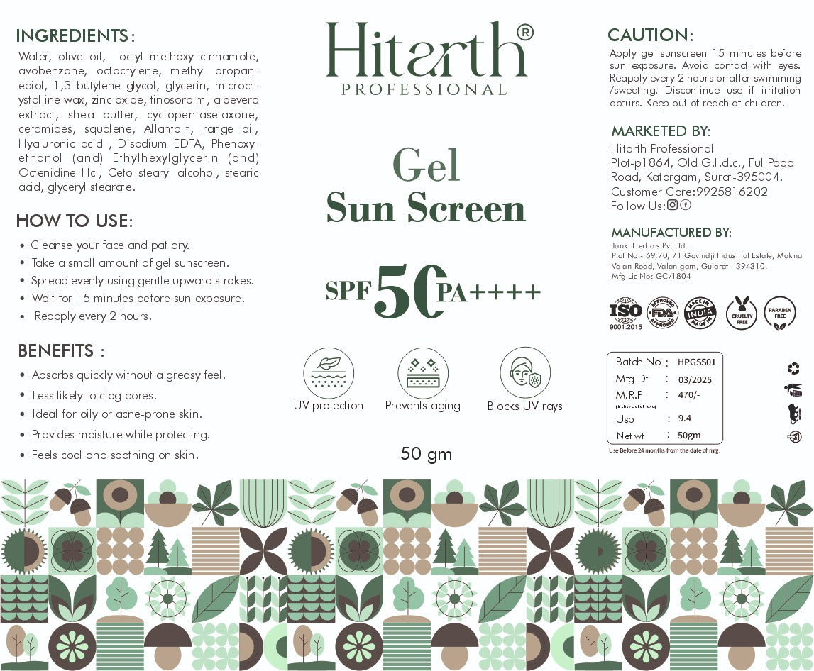 Hitarth Professional Face Gel  Sun Screen SPF 50+ and PA++++ | Gel Based Sun Screen For Oily Skin, Combination Skin, Normal Skin | Broad Spectrum Sun Screen, No White cast, Light weight, Non Greasy | For Women & Men |  50GM