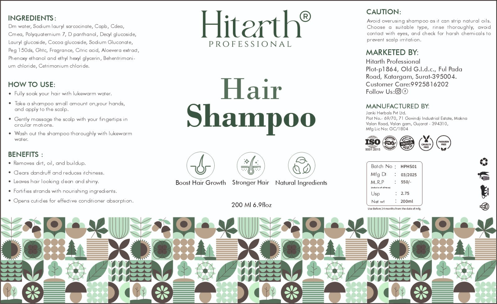 Hitarth Professional Shampoo | 10x Hair and  Fall Control Growth | Contains Natural Ingredients  For All Hair  Types For Women & Men | 200ML